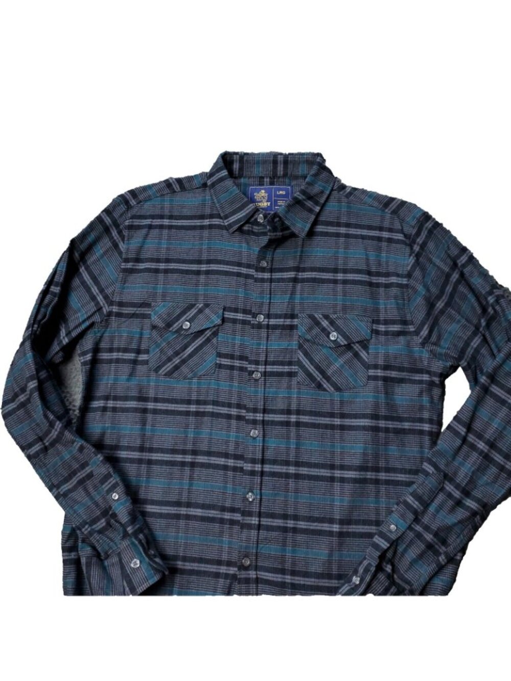 Rugby University Button Shirt Mens L Large Blue Gray Polo Plaid Long Sleeve RL